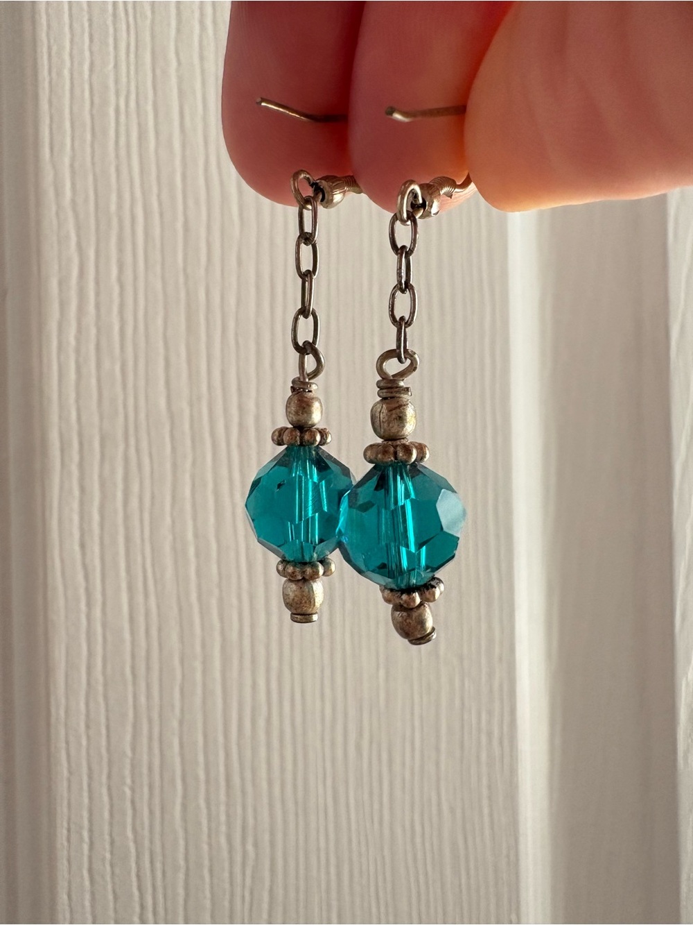 Teal Crystal Drop Dangle Earrings - Metal, Beaded, Handmade